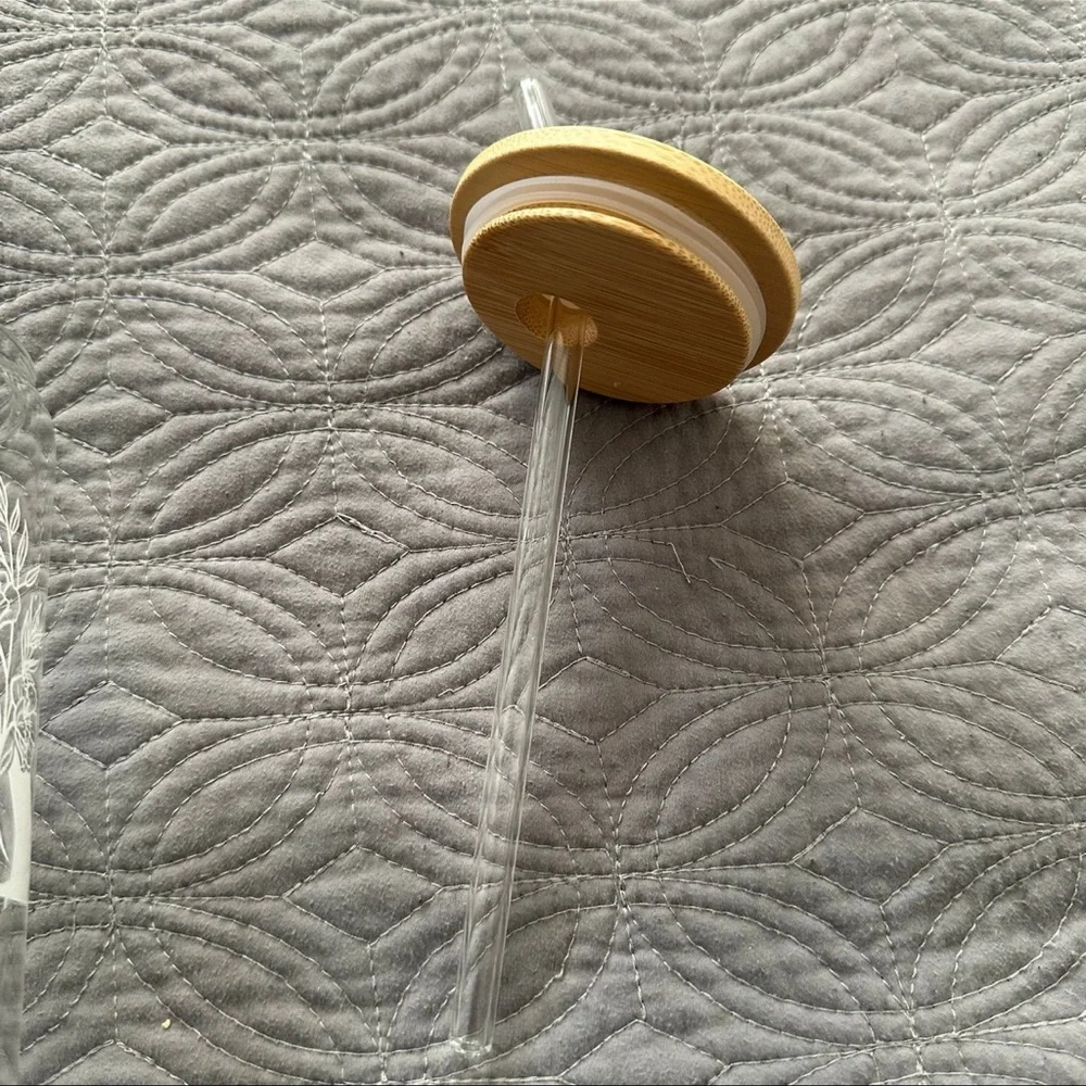“A” Initial Glass Cup with Wooden Lid and Glass Straw